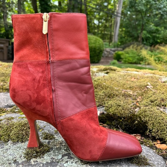Sam Edelman Olina Cinnamon Spice Red Suede & Leather Patchwork Ankle Boots Sz 9 - Picture 5 of 16